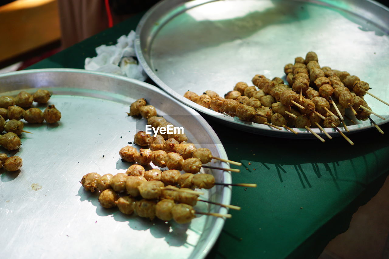 High angle view of meat in plate on table