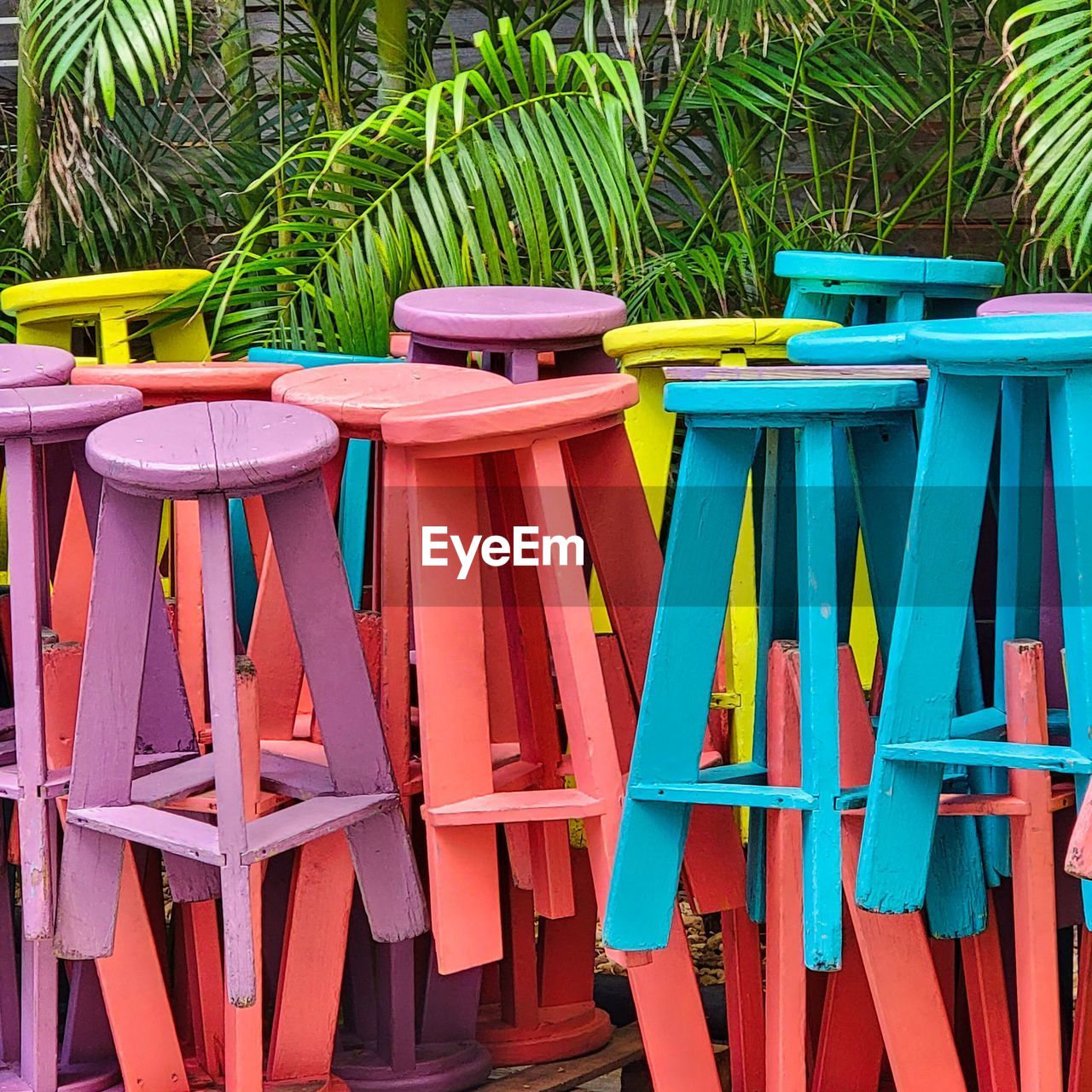 High angle view of colorful chairs