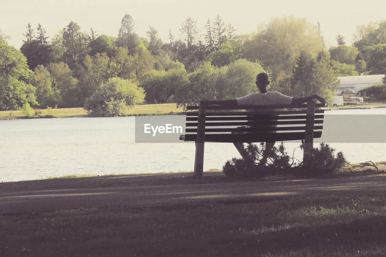 REAR VIEW OF PEOPLE SITTING ON BENCH IN PARK