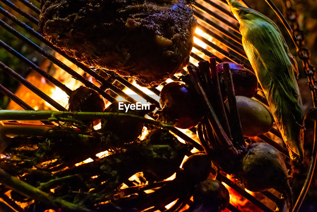 High angle view of barbecue grilling 