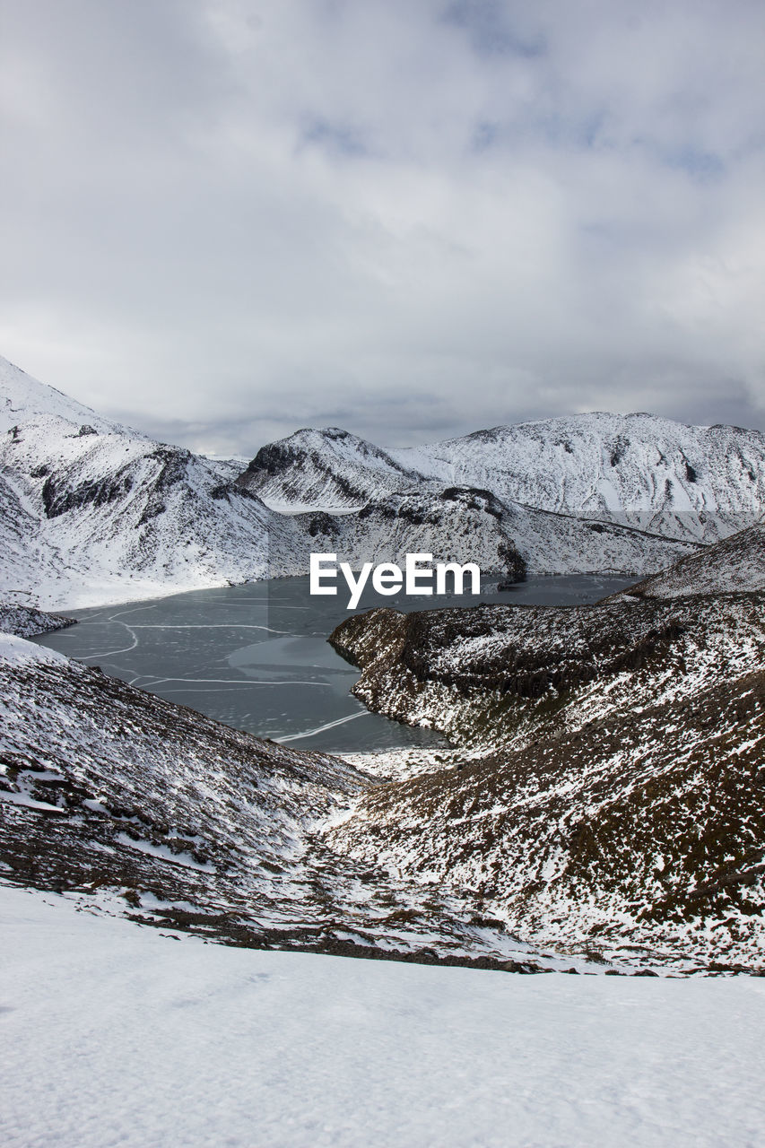 The frozen upper tama lake in the tongariro national park in the north island of new zealand. 