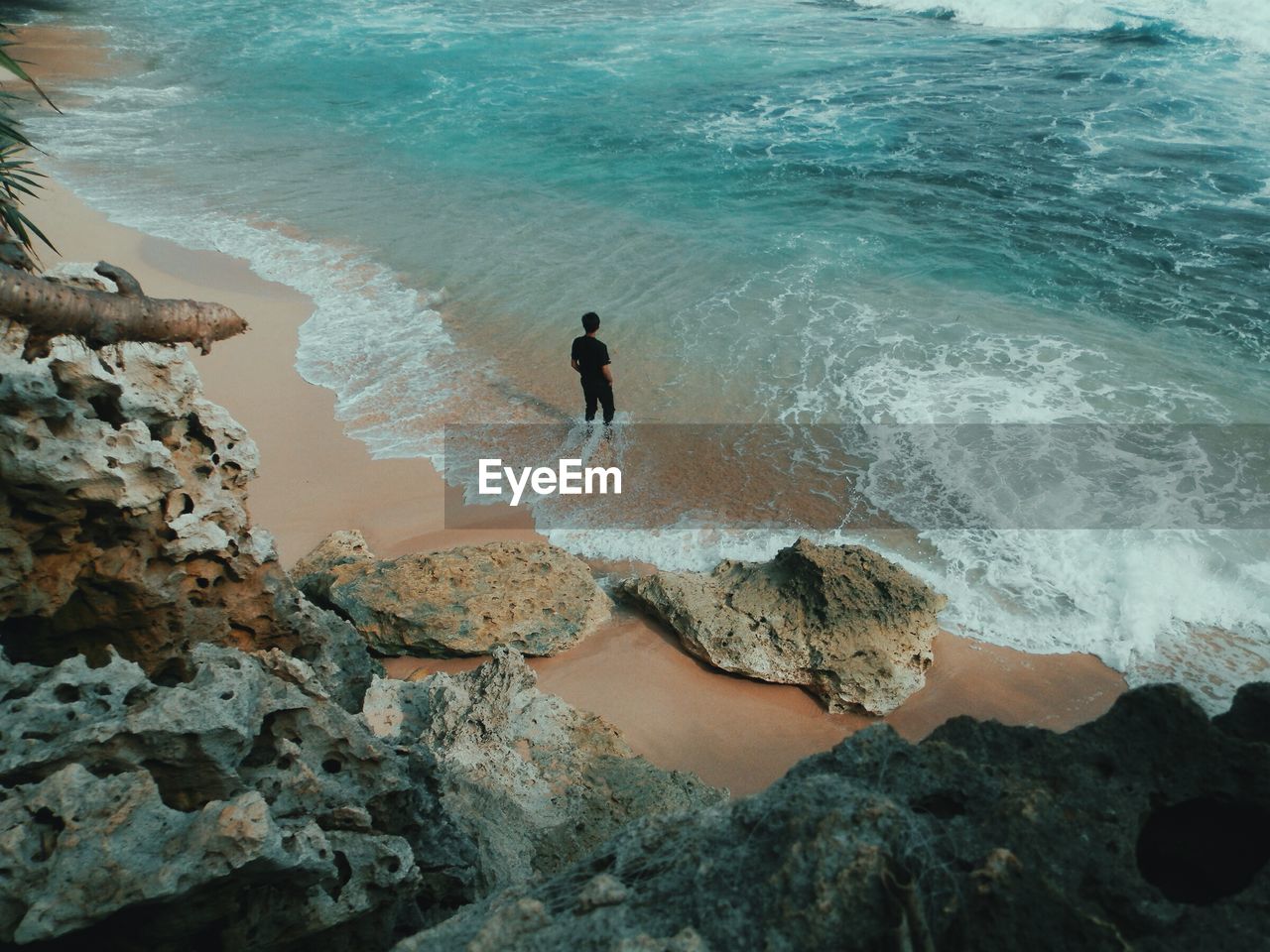 High angle view of man standing on shore at beach