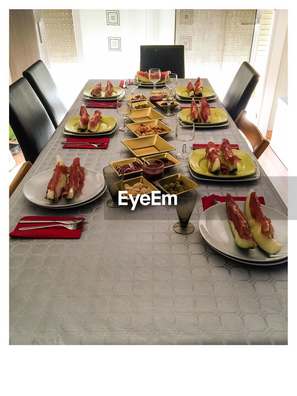 High angle view of food served on table at home