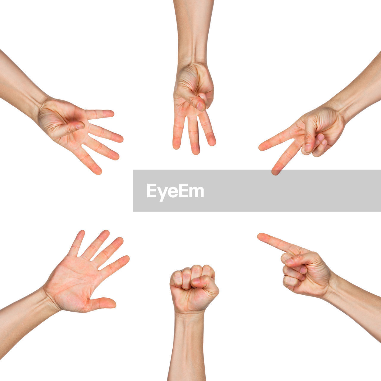 Cropped hands of people gesturing against white background