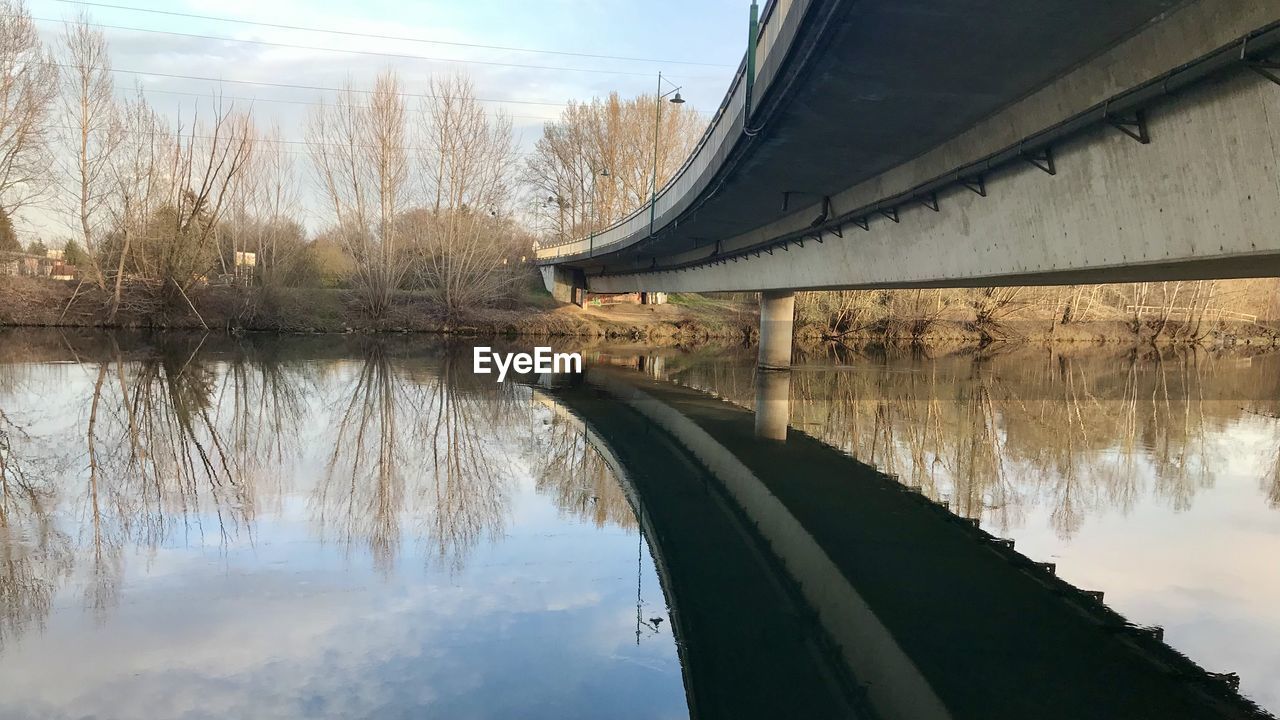 Bridge over river against sky / reflection in water 