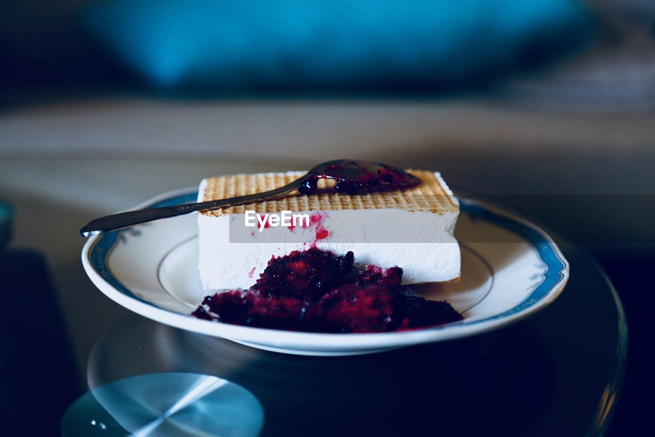 Close-up of cake in plate on table