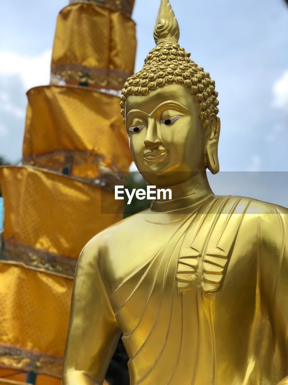 Close-up of buddha statue against trees