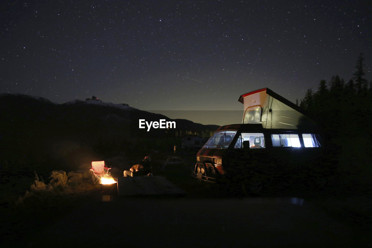 Person sitting by motor home at campsite against sky