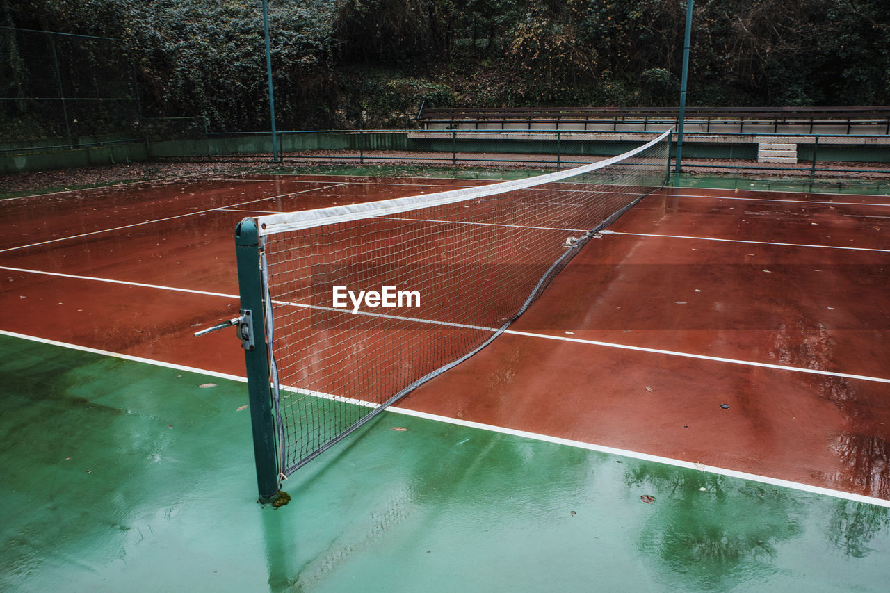 High angle view of tennis court during rainy season