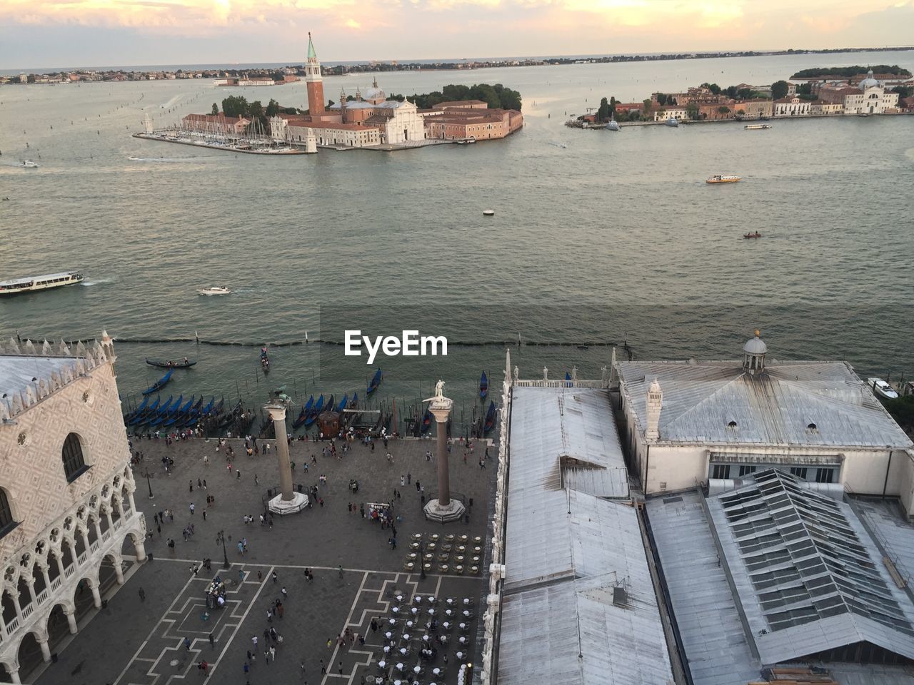 Mid distance view of san marco campanile in sea during sunset