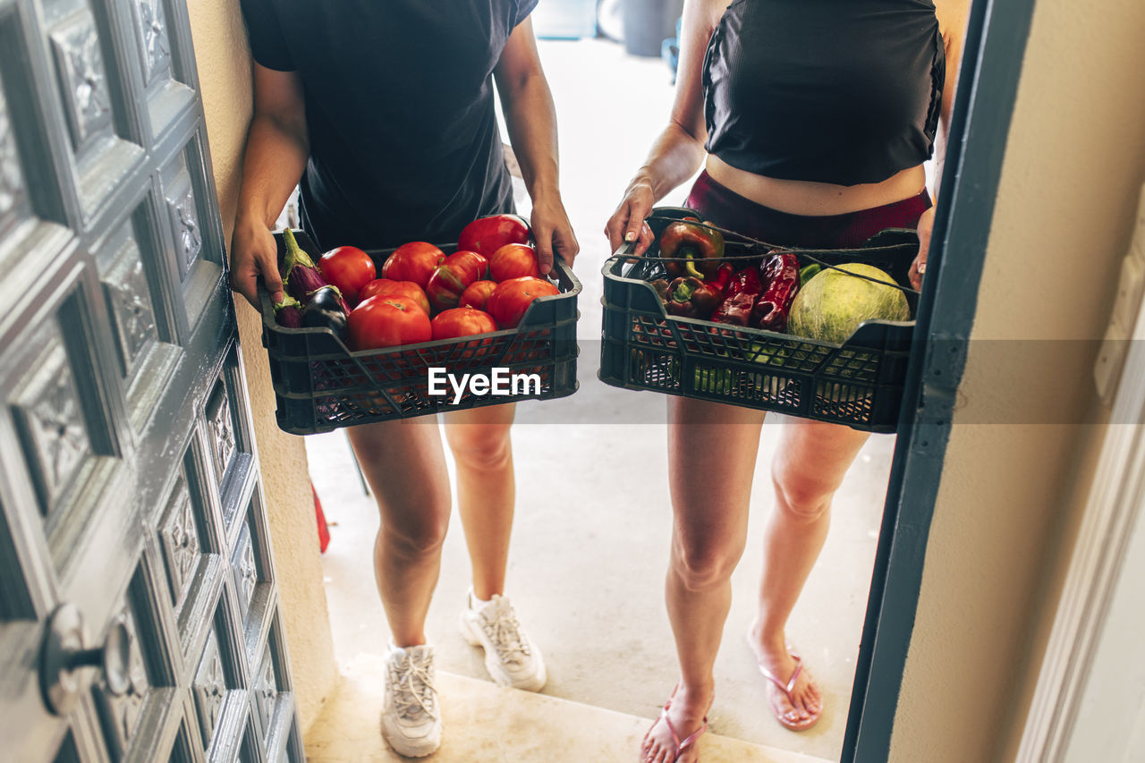 Young women with harvested organic vegetable baskets at doorway