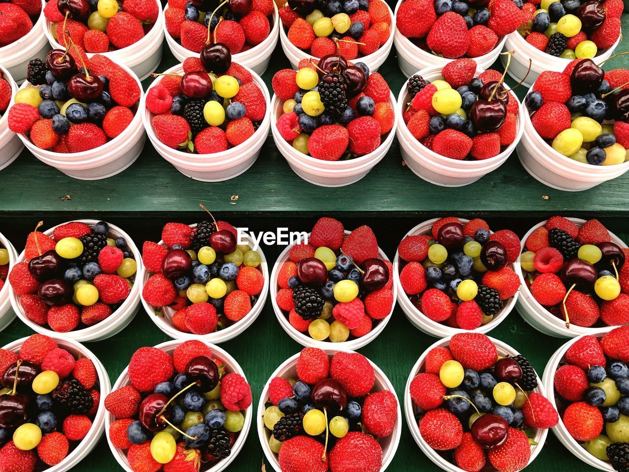 HIGH ANGLE VIEW OF FRUITS FOR SALE IN MARKET