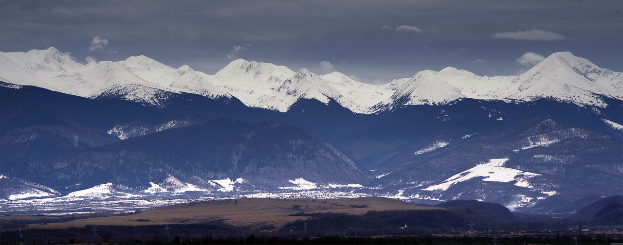 AERIAL VIEW OF SNOWCAPPED MOUNTAINS AGAINST SKY