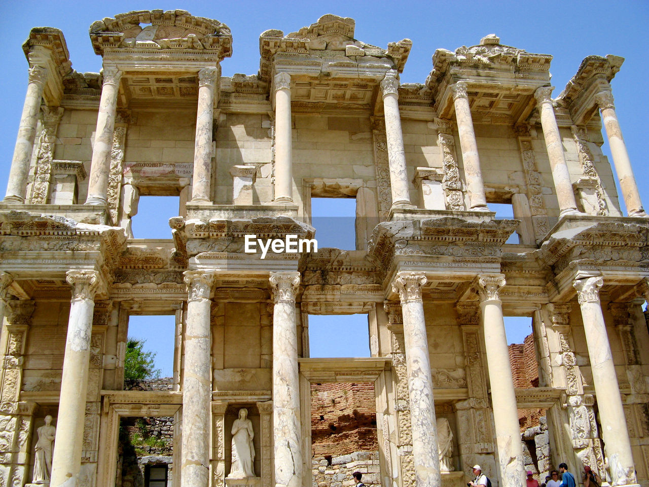 Looking up at the library of celsus facade in ephesus, turkey.