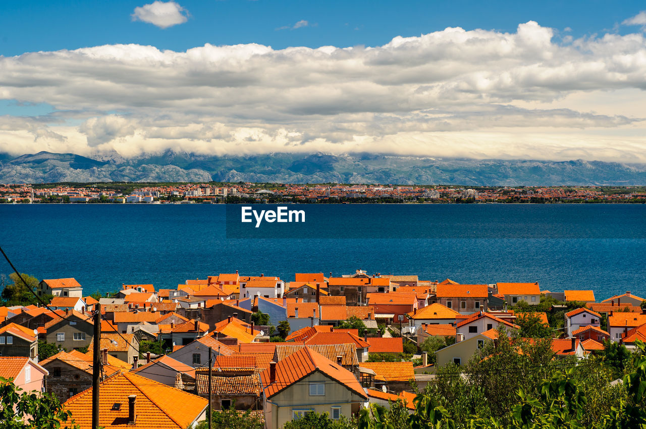 High angle view of houses in sea