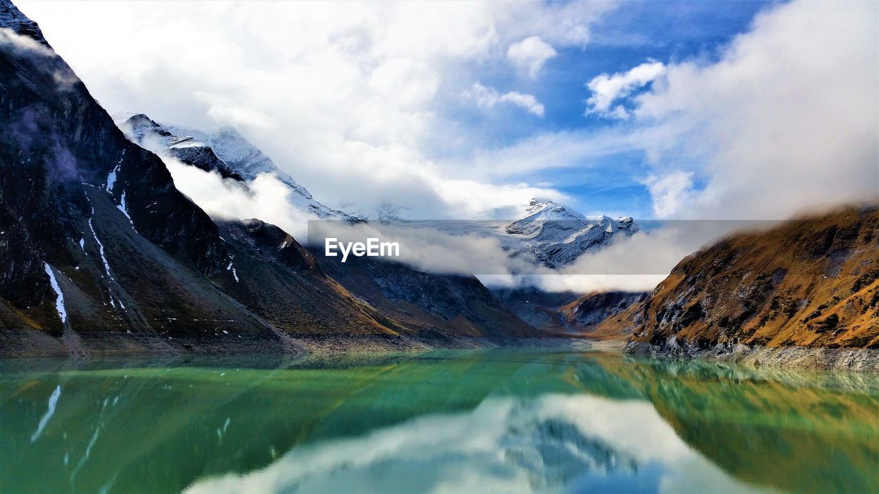 Scenic view of lake and mountains against sky