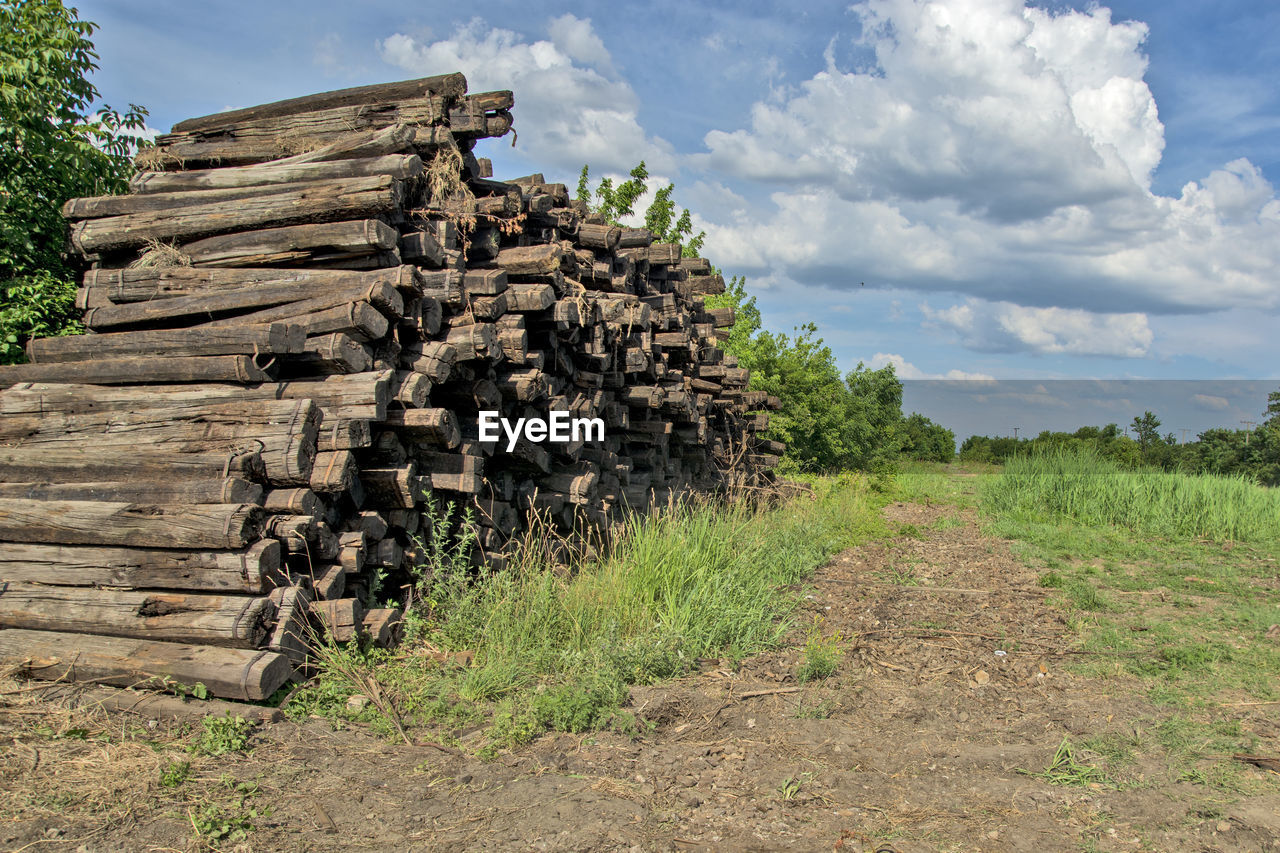 sky, tree, nature, plant, wood, cloud, landscape, timber, environment, log, land, deforestation, lumber industry, rural area, forest, firewood, no people, field, abundance, rock, outdoors, large group of objects, day, environmental issues, logging, rural scene, grass, ruins, non-urban scene, scenics - nature, agriculture, heap, soil, architecture