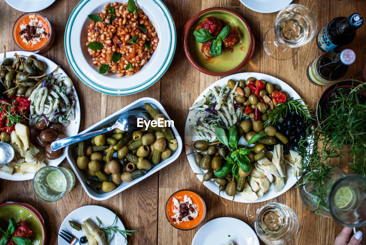 High angle view of food variety on table