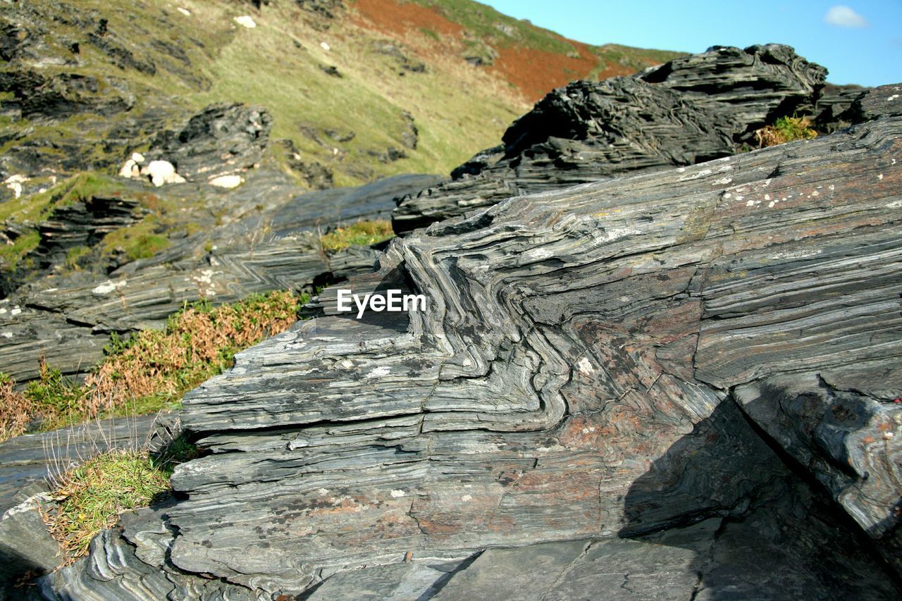 High angle view of natural patterns on rock formation at cornwall