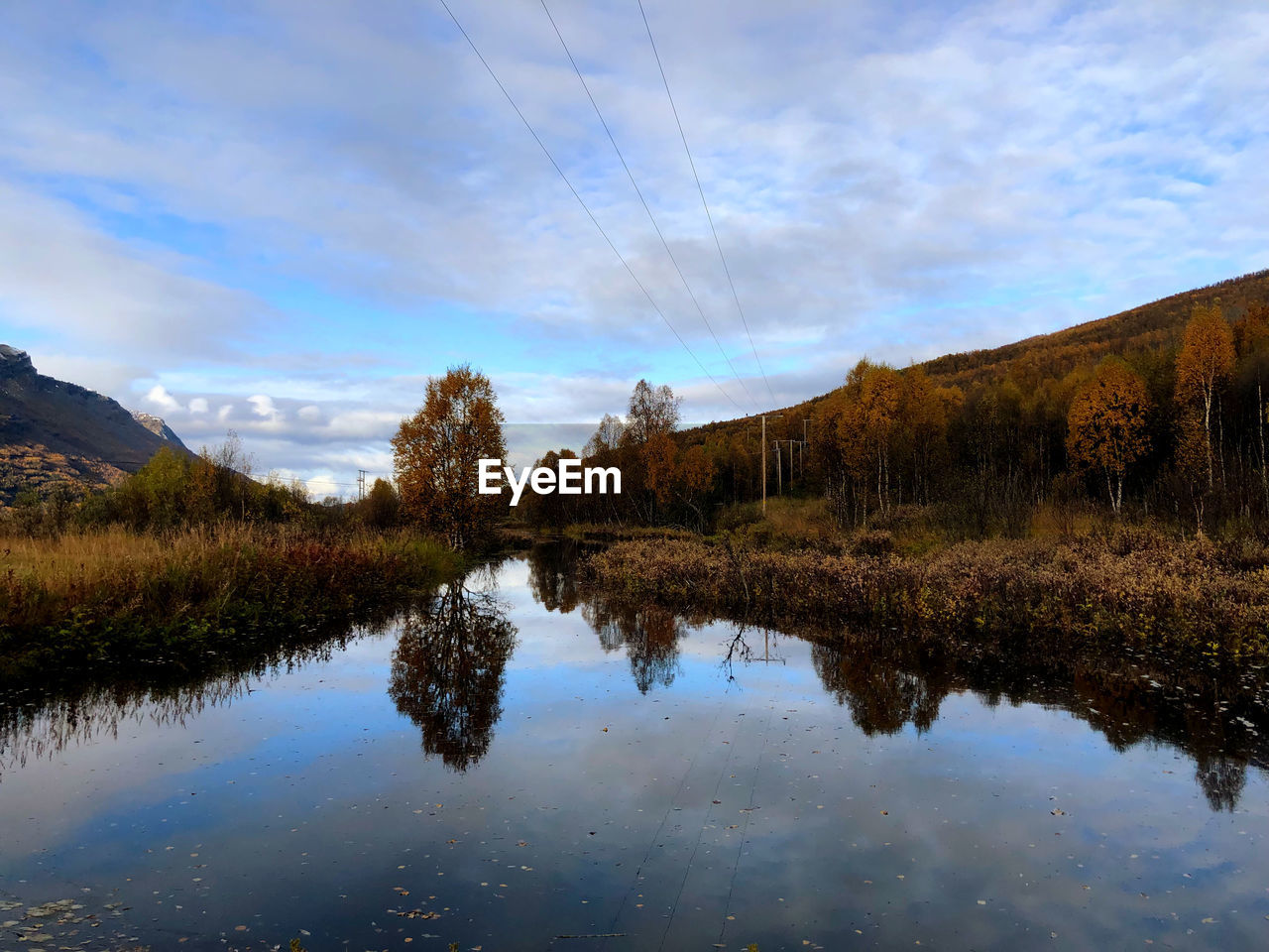 Reflection of trees in lake against sky