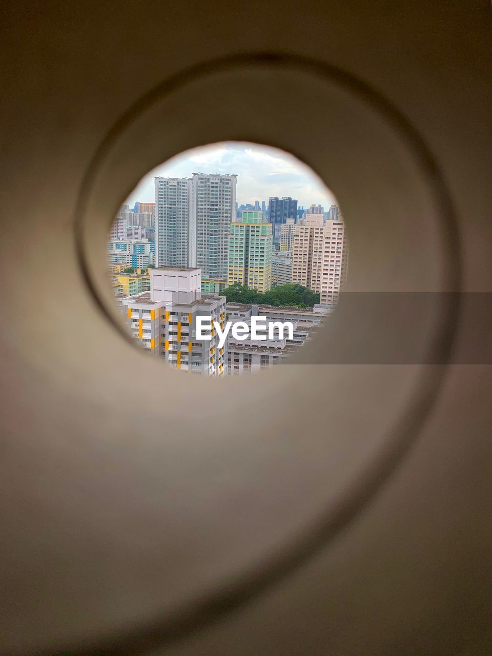 Modern buildings seen through window