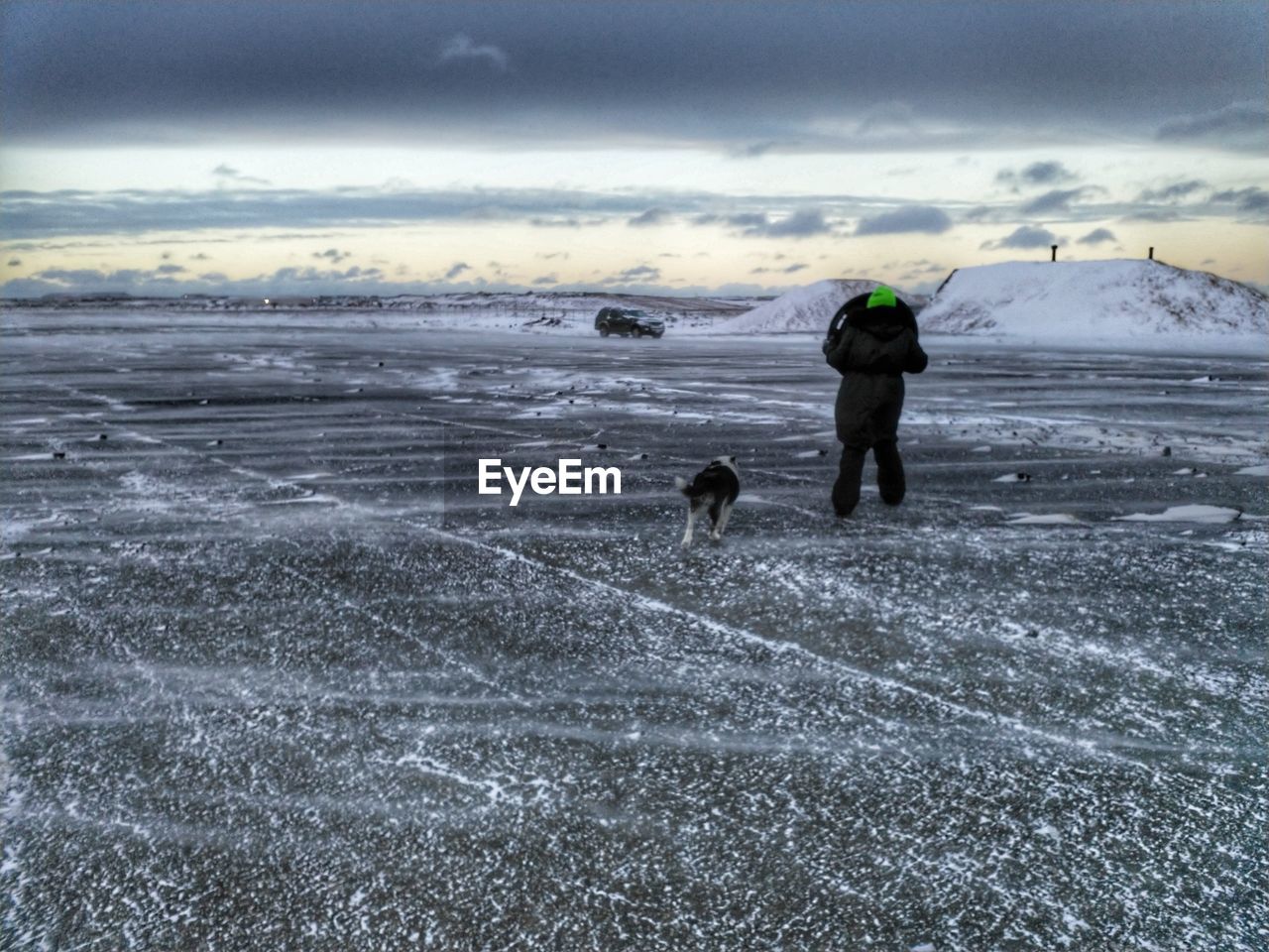 REAR VIEW OF SILHOUETTE MAN WITH DOG ON BEACH