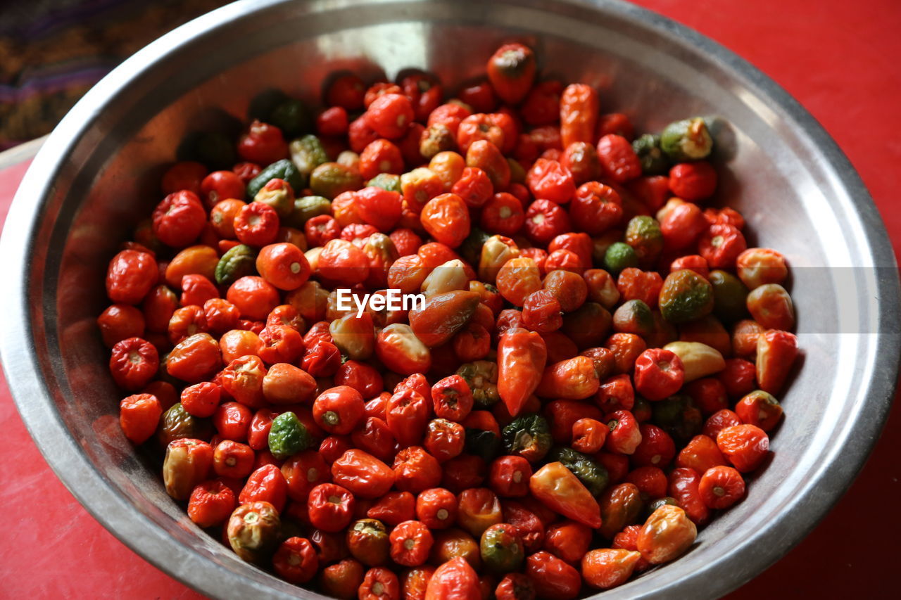 High angle view of chilies in bowl