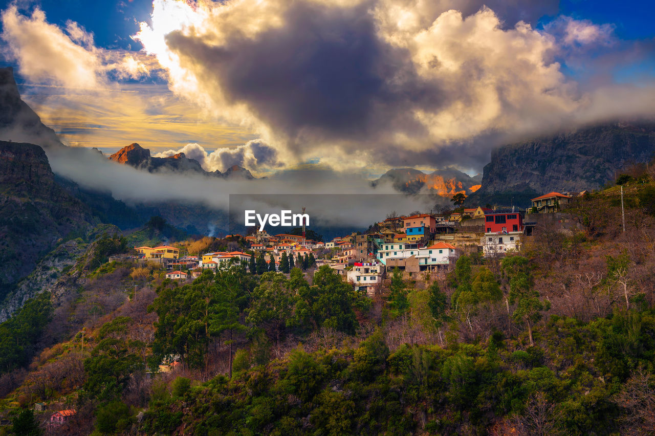 high angle view of townscape against mountain