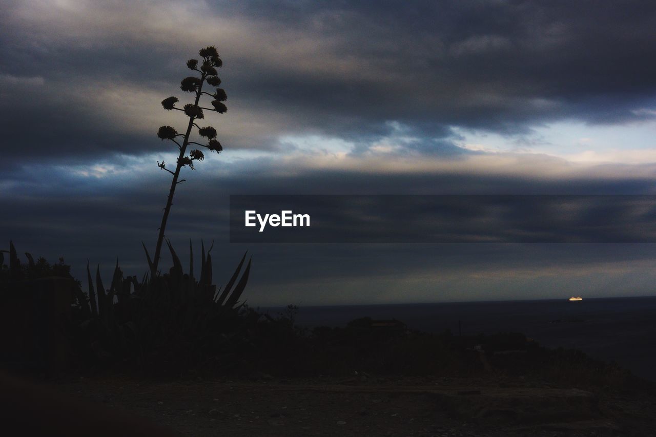 SCENIC VIEW OF SEA AGAINST CLOUDY SKY AT DUSK