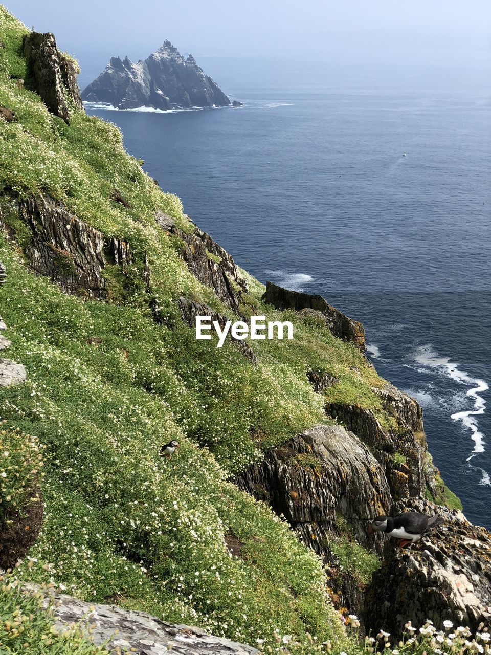 High angle view of rocks on sea shore