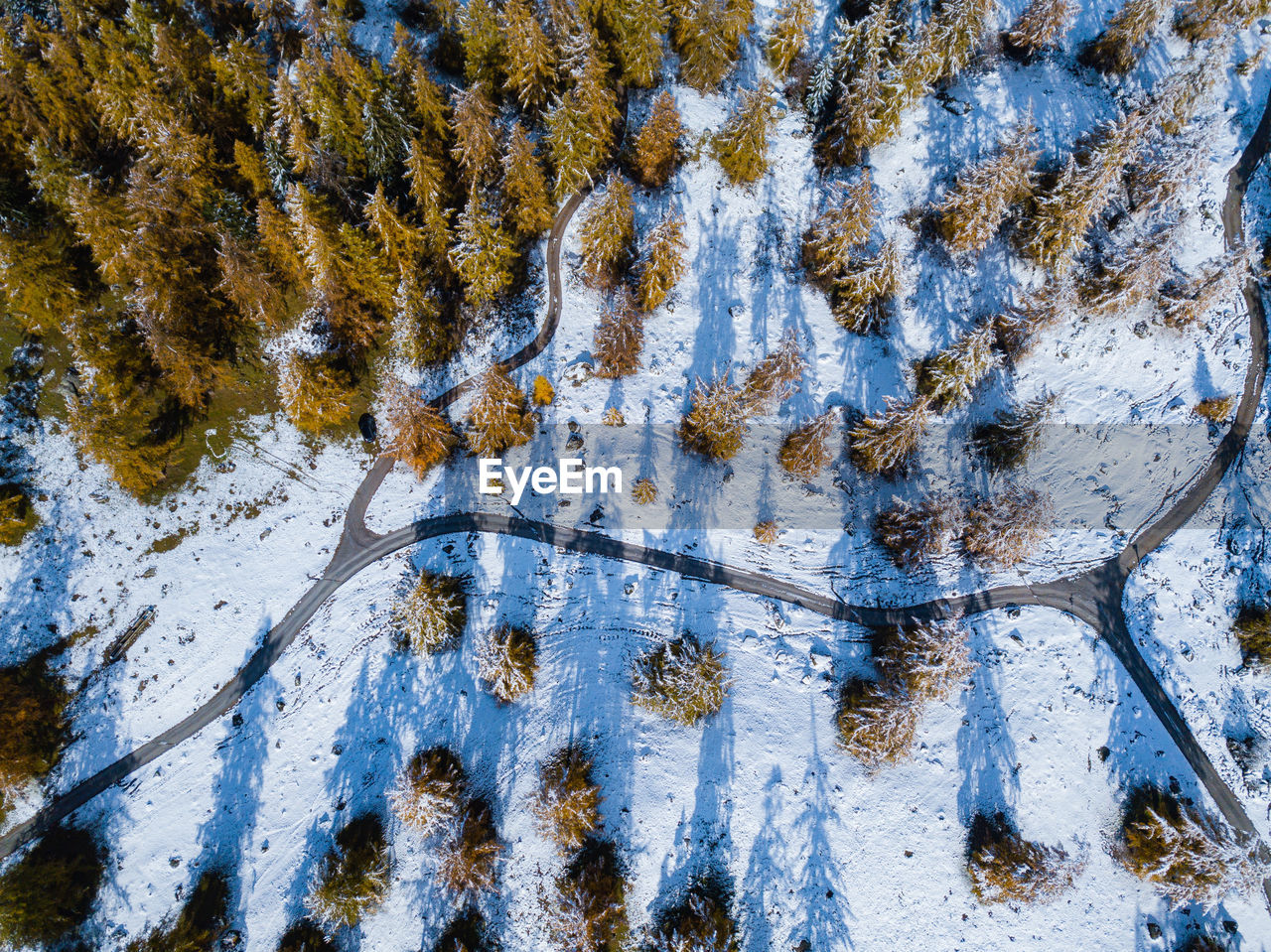 High angle view of snow covered land