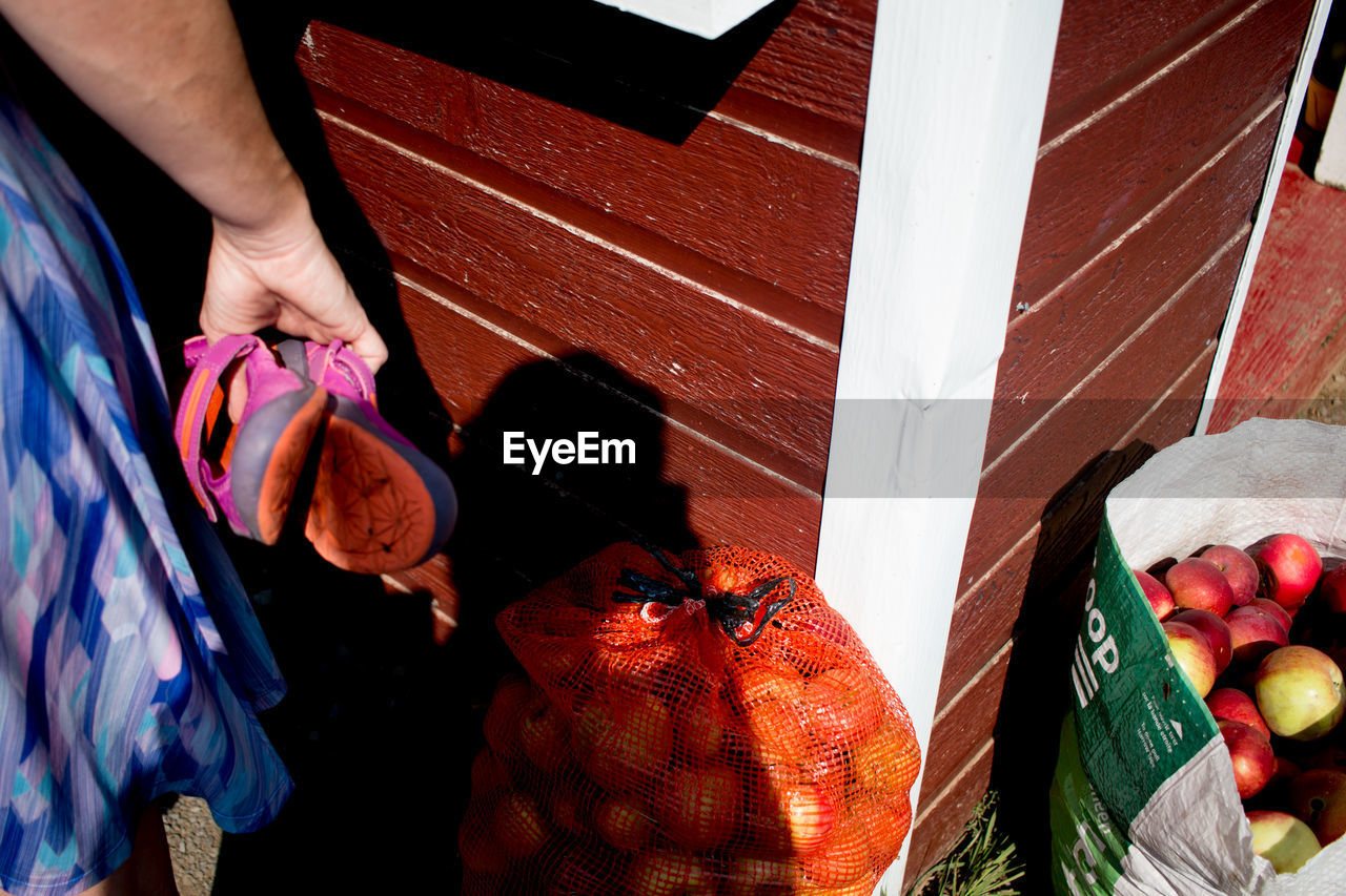 Cropped image of woman holding sandals by apples in back yard