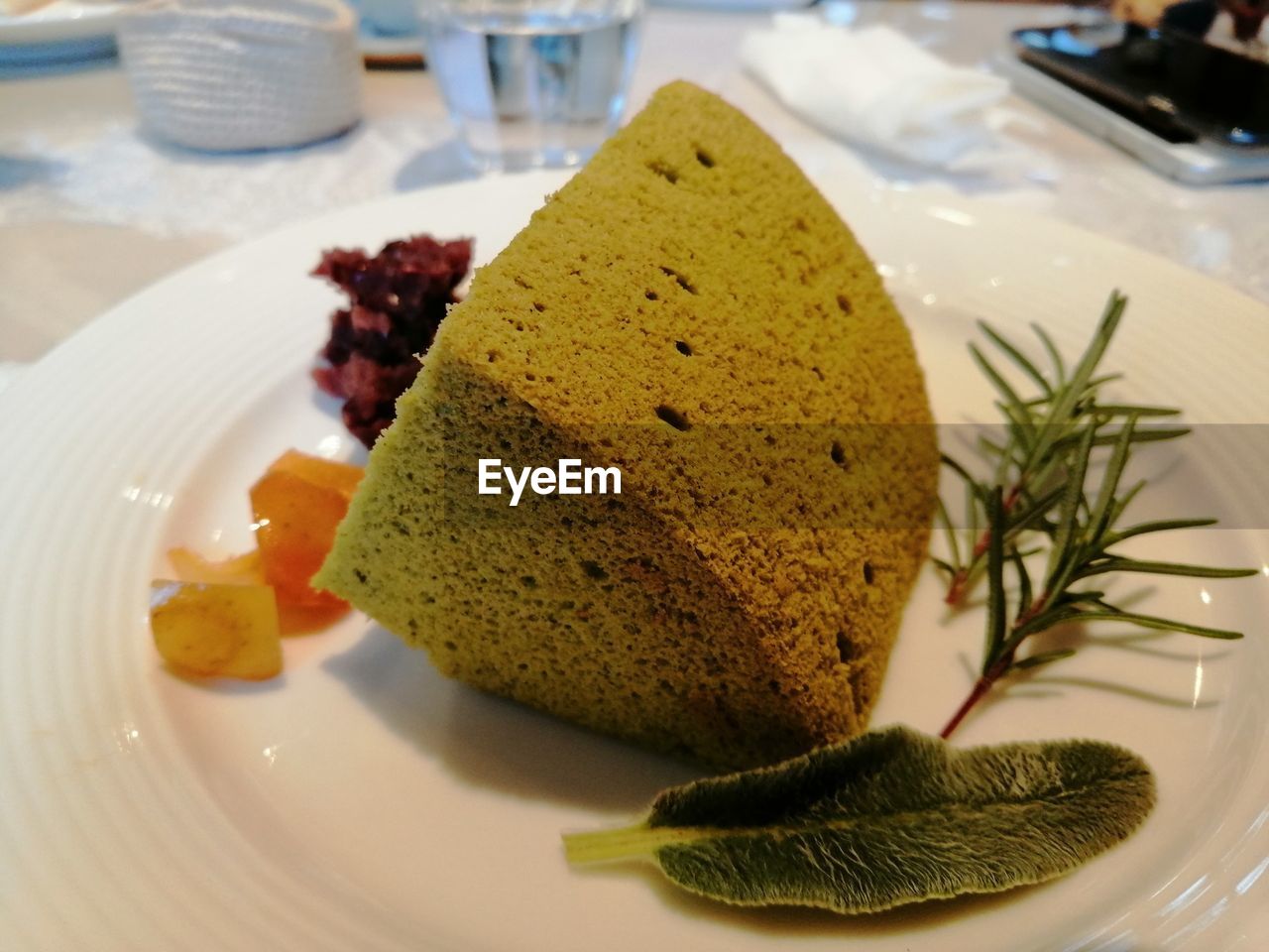 High angle view of cake served on plate