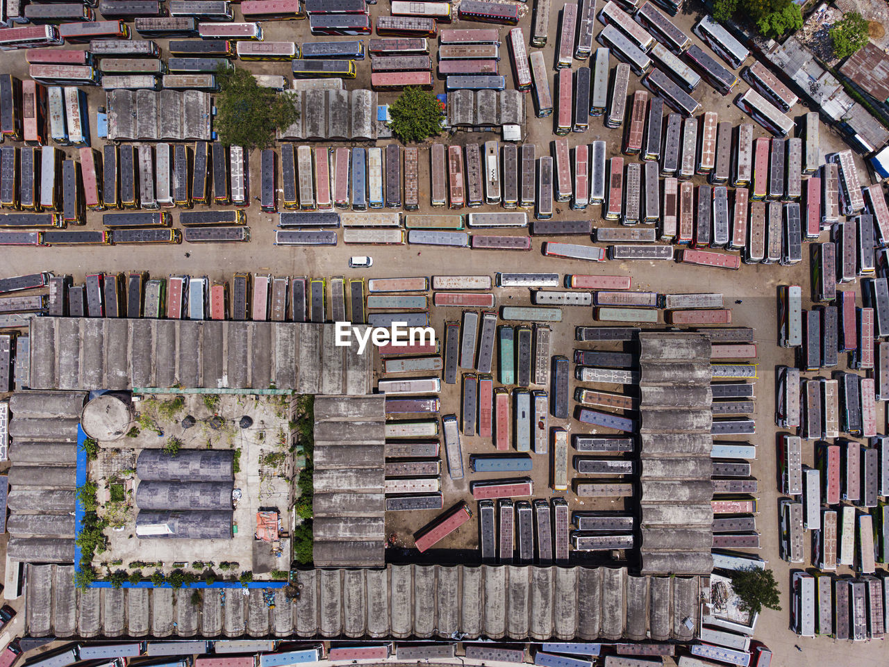 High angle view of bus terminal of a city 