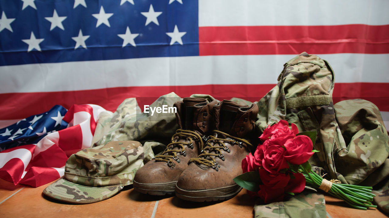 Boots hat and usa flag close up for veterans day