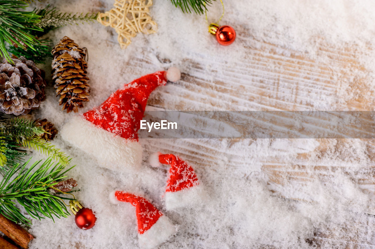 HIGH ANGLE VIEW OF CHRISTMAS TREE ON SNOW COVERED LAND
