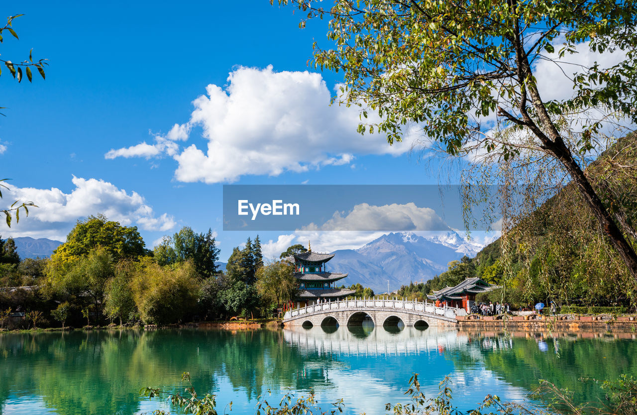 SCENIC VIEW OF LAKE BY BRIDGE AGAINST SKY