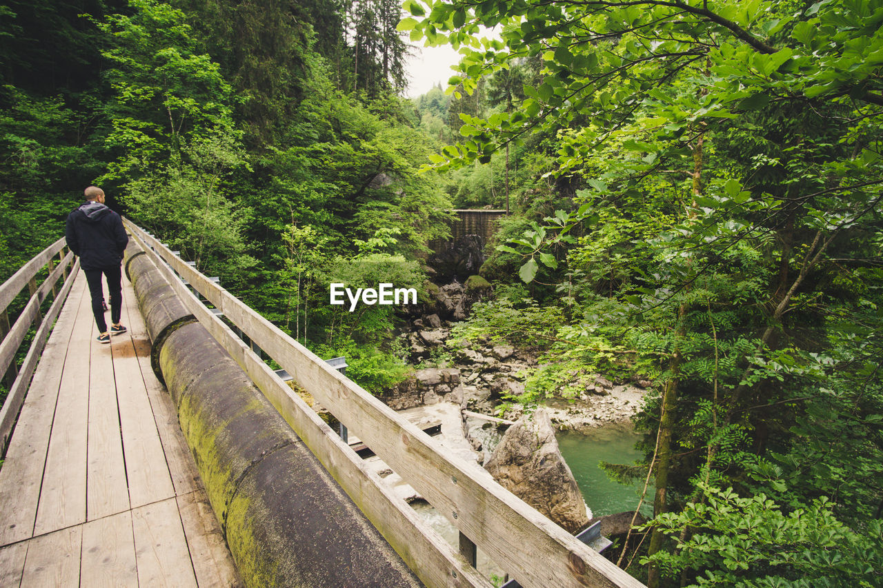 REAR VIEW OF MAN WALKING ON FOOTBRIDGE IN FOREST