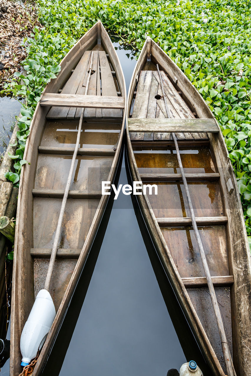 High angle view of boats against plants