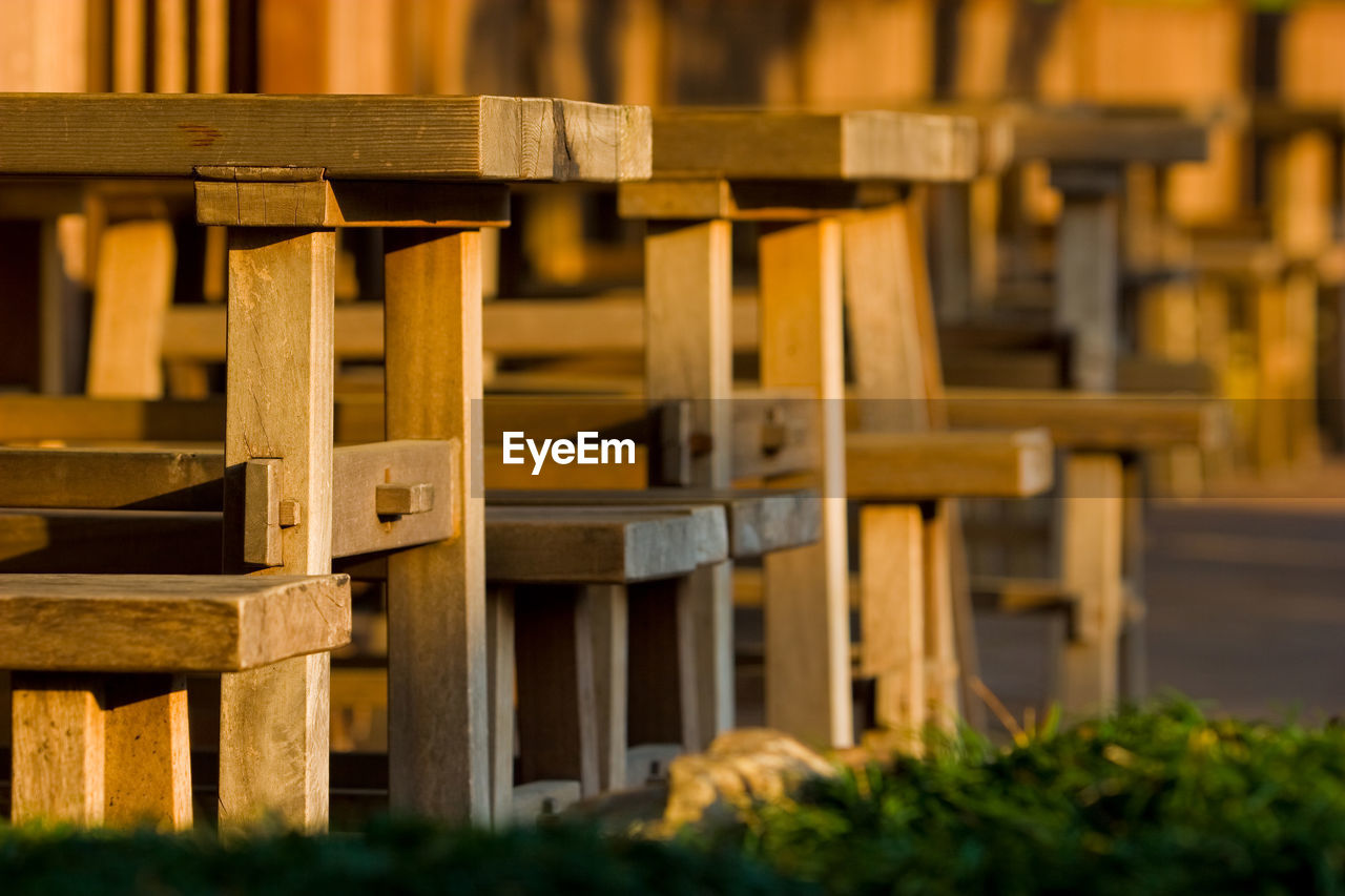 Wooden benches arranged