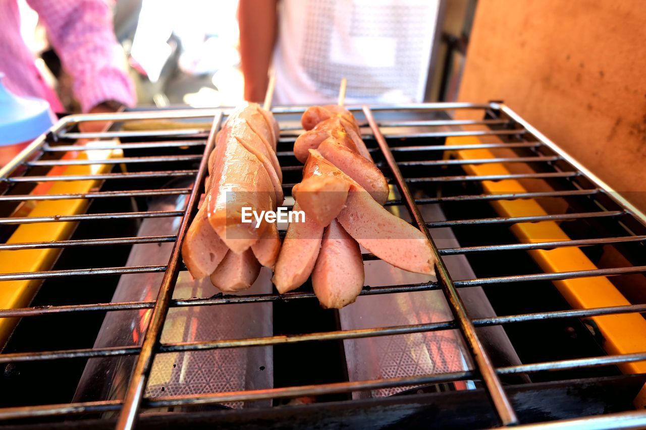 Close-up of meat on barbecue grill