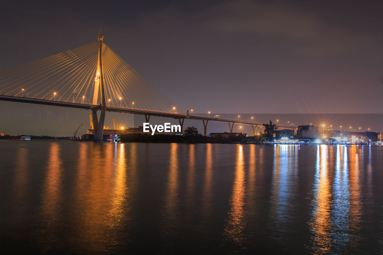 Illuminated bridge over calm river at night