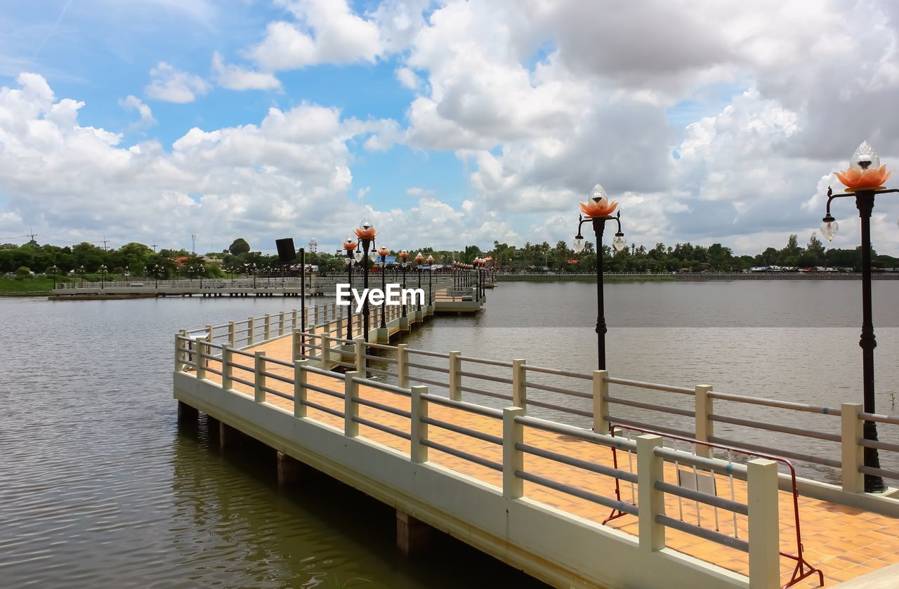 VIEW OF CALM LAKE AGAINST CLOUDY SKY