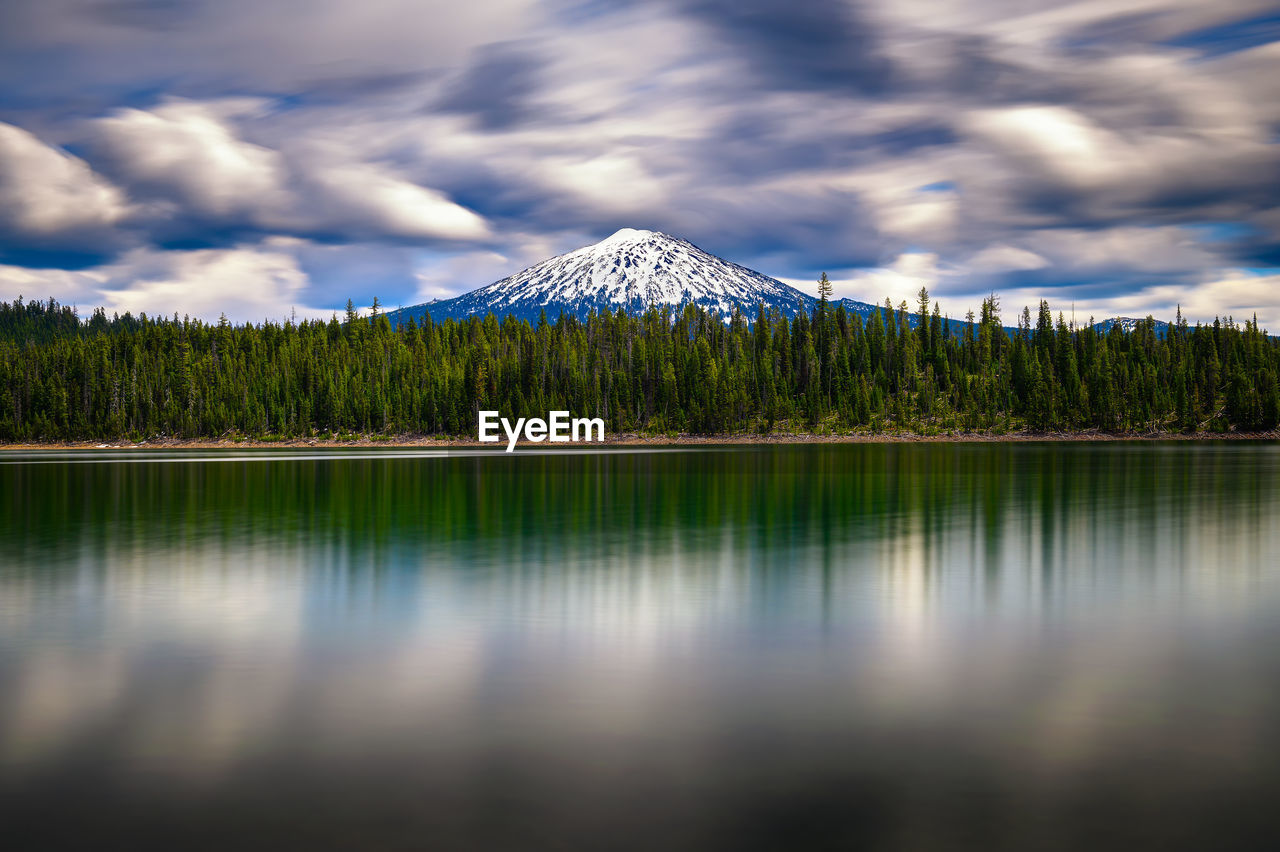 scenic view of lake by mountains against sky