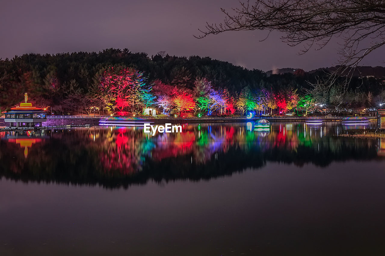 ILLUMINATED TREES BY LAKE AGAINST SKY