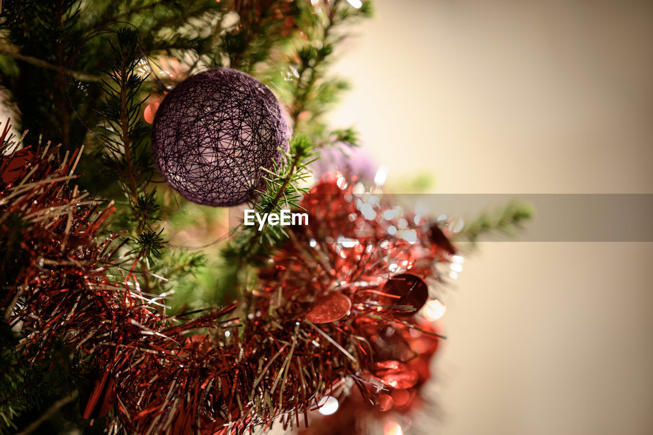 Close-up of christmas tree with decorations