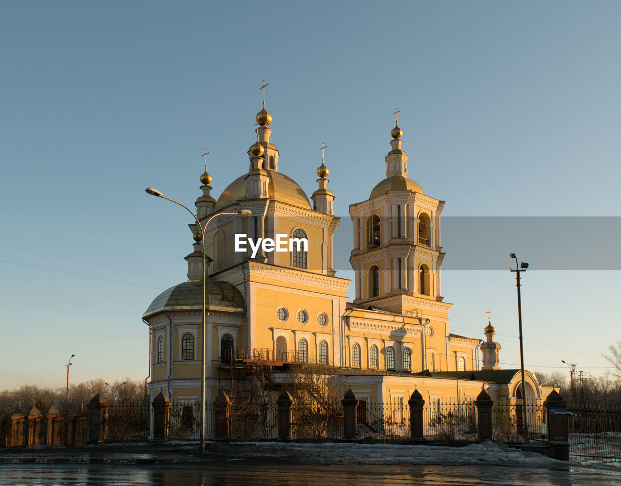 Low angle view of cathedral against clear blue sky