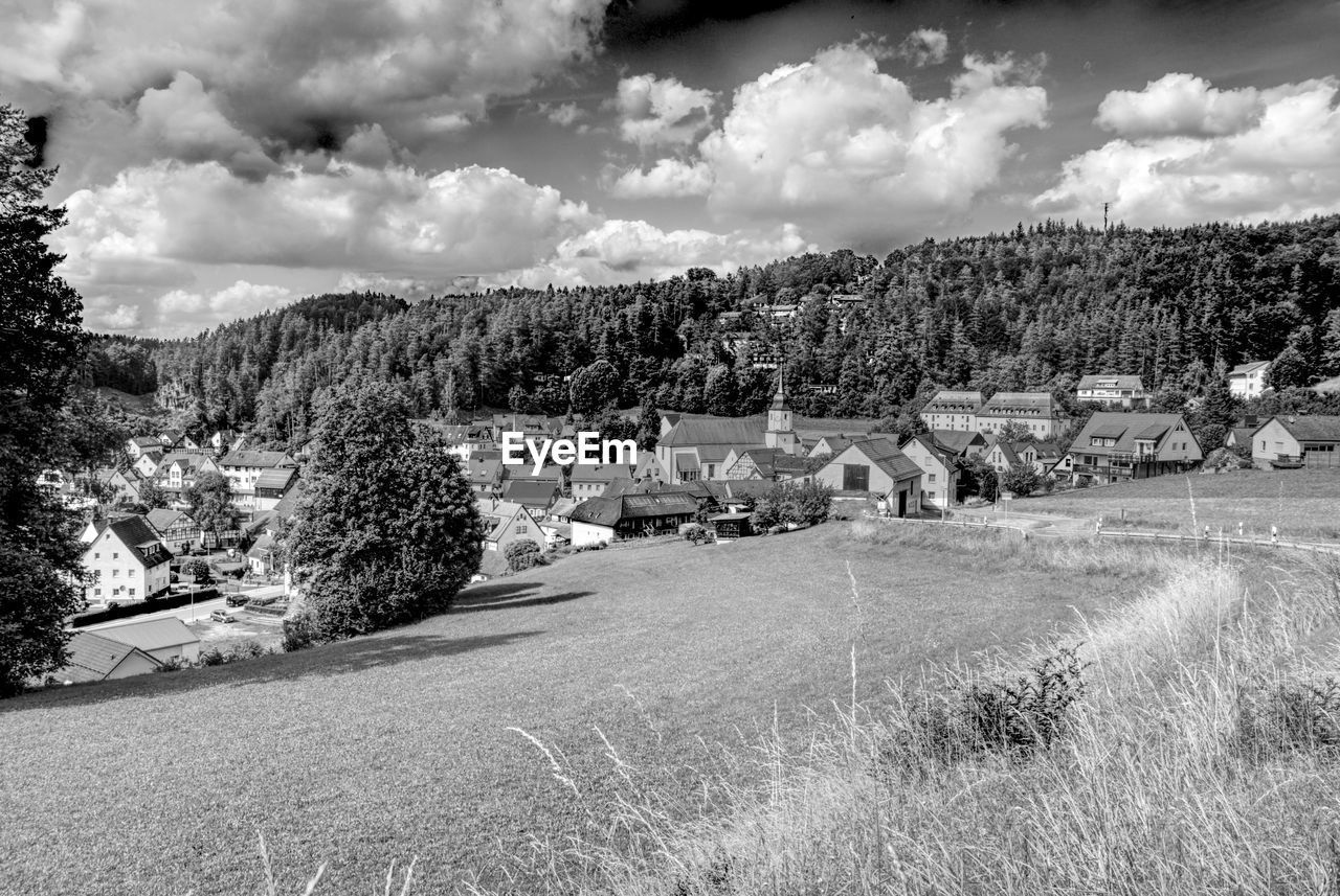 Panoramic view in black and white of a village in upper franconia