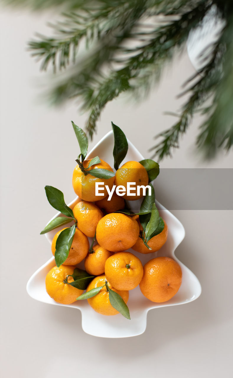 Small ripe tangerines with leaves, on plate in shape of christmas tree on beige background. 