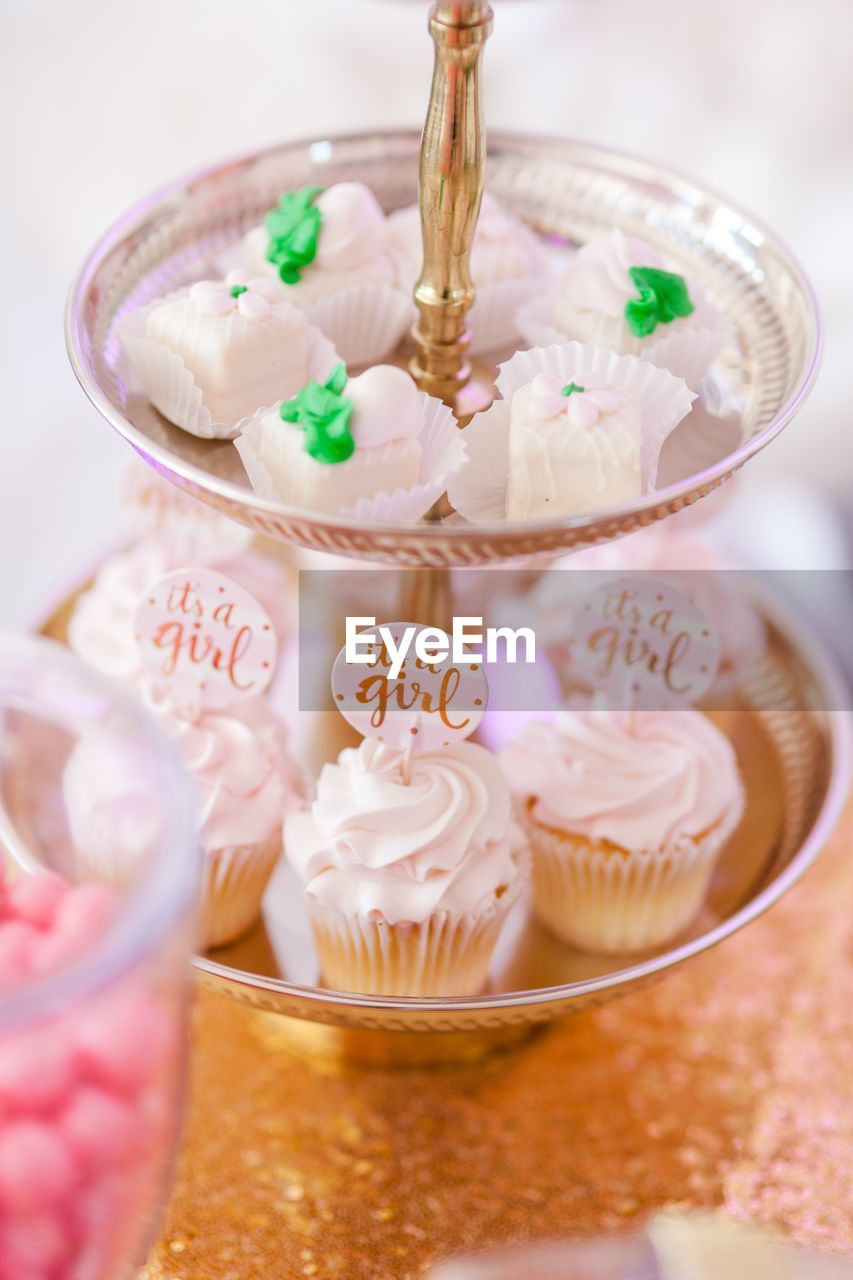 High angle view of cupcakes on table